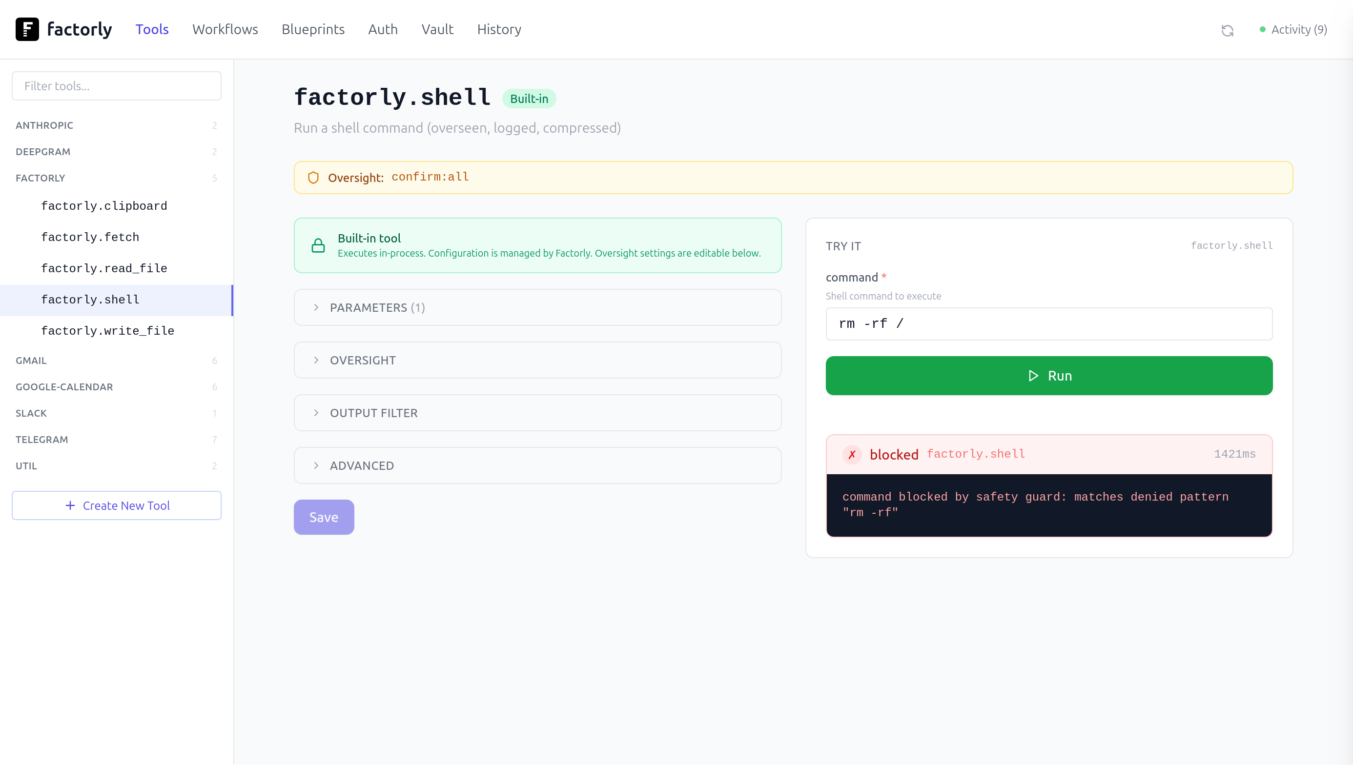 Factorly web UI showing the tool browser, configuration panel, and live response inspector